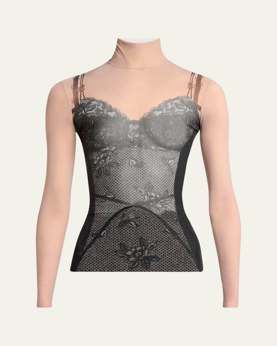 Lingerie Trompe L'oeil Mesh Turtleneck Top